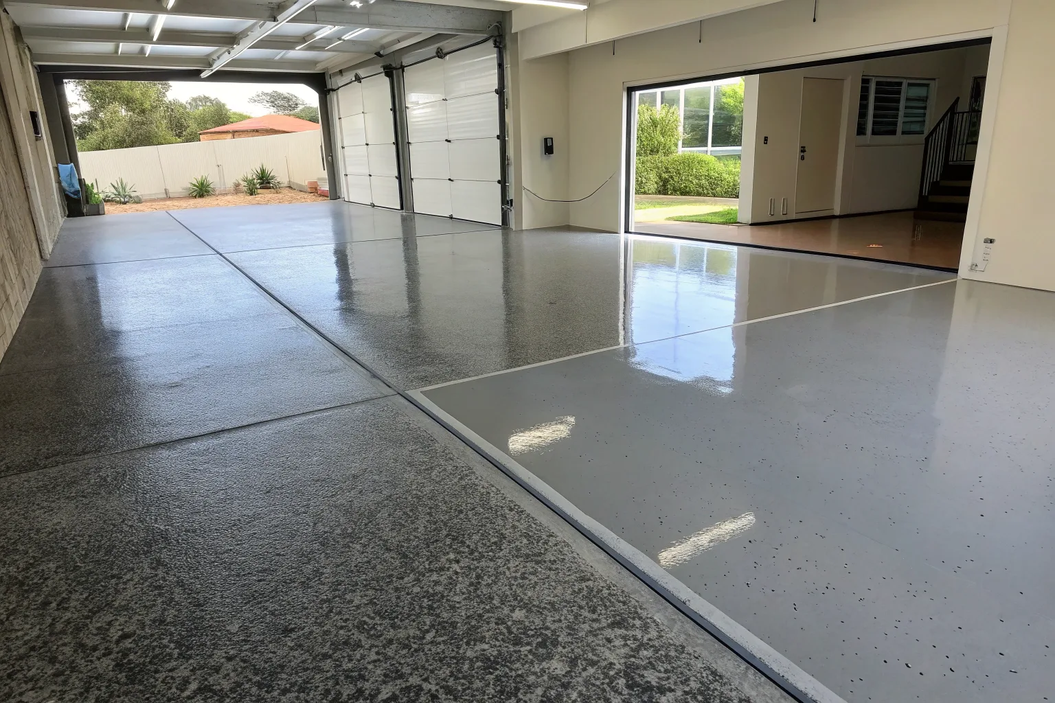 Residential garage floor part-way through an epoxy recoating