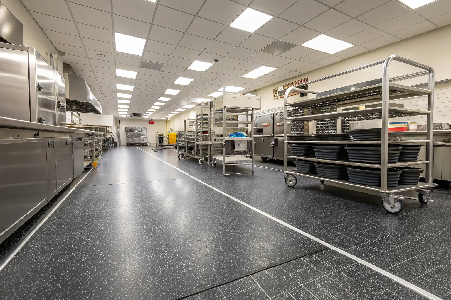 Commercial kitchen floor finished with a seamless dark epoxy coating