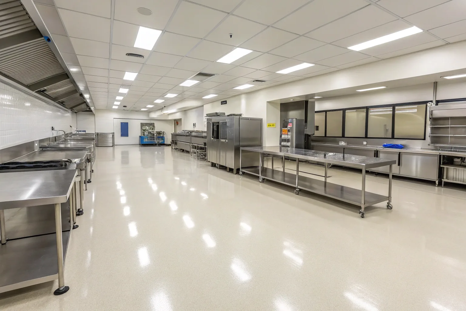 Large commercial kitchen in Hobart with a freshly installed epoxy floor