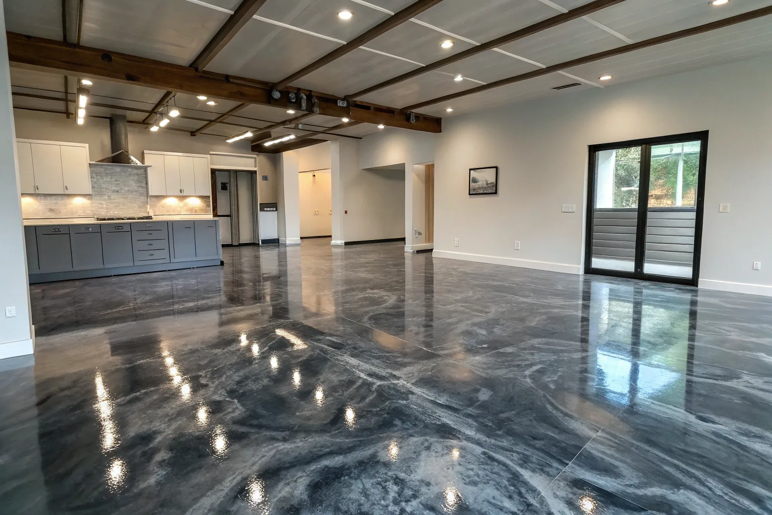 Metallic epoxy floor finish in a modern Hobart interior