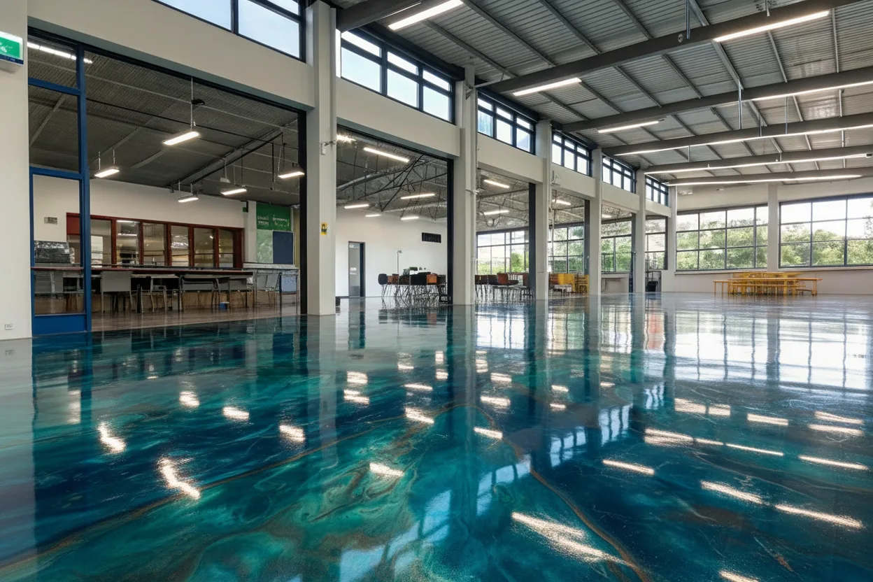 Metallic epoxy floor surface showing rich colour depth and movement