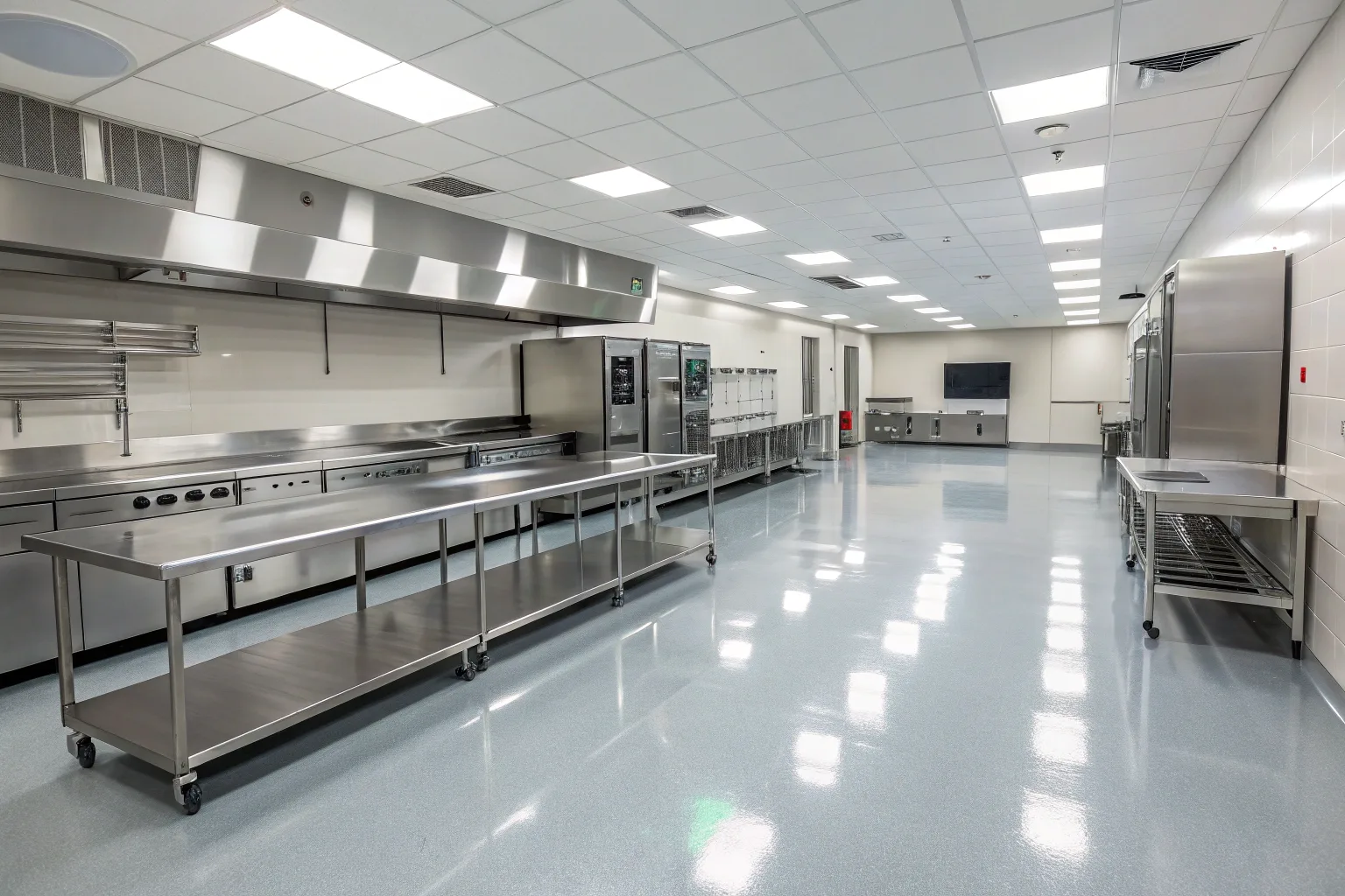 Professional commercial kitchen with a freshly installed epoxy floor