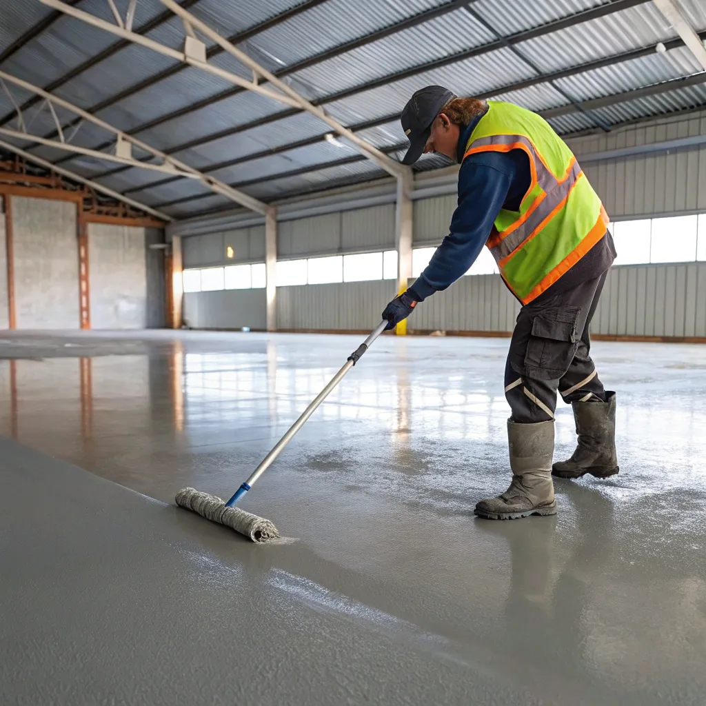 Tradesperson applying high-build epoxy coating to an industrial warehouse floor in Hobart Tasmania