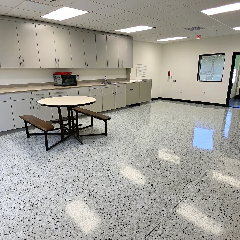 Decorative flake epoxy floor in a commercial office breakroom