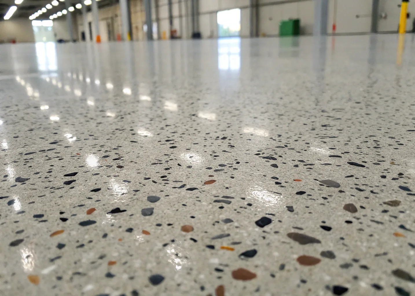 Close-up of quartz aggregate epoxy floor surface showing slip resistance texture